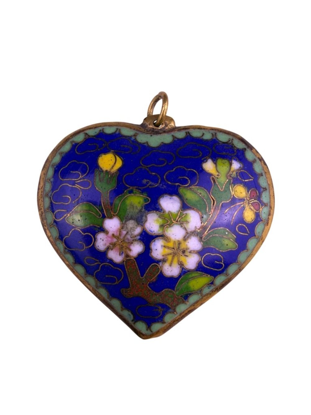 Vintage Cloisonné Enamel Heart Pendant Floral Motif Blue/Green Handmade